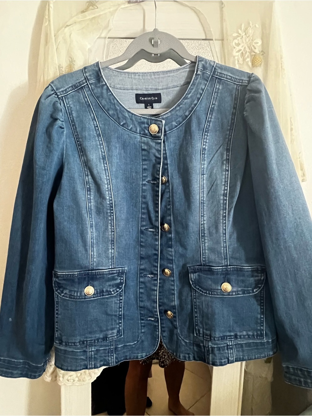 Charter Club Blue Collarless Denim Jacket with Gold Buttons